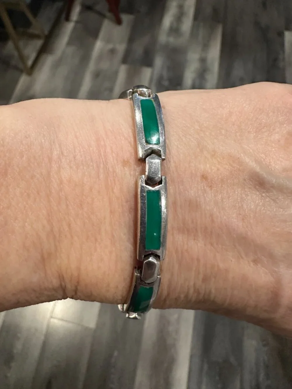 Vintage Sterling Silver 925 Natural Green Chalcedony Inlay 7 Link Heavy Bracelet